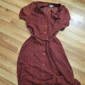 Monteau Los Angeles Rust Ditsy Print Button Front Midi Dress Tie Waist L